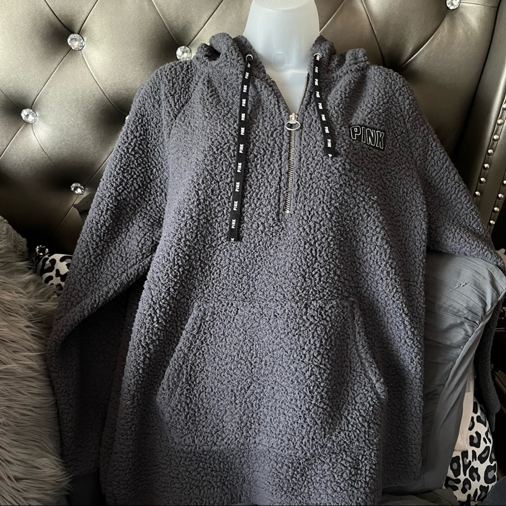 Victoria Secret PINK Limited Edition Holiday Grey Half Zip Sherpa Hoodie Jacket